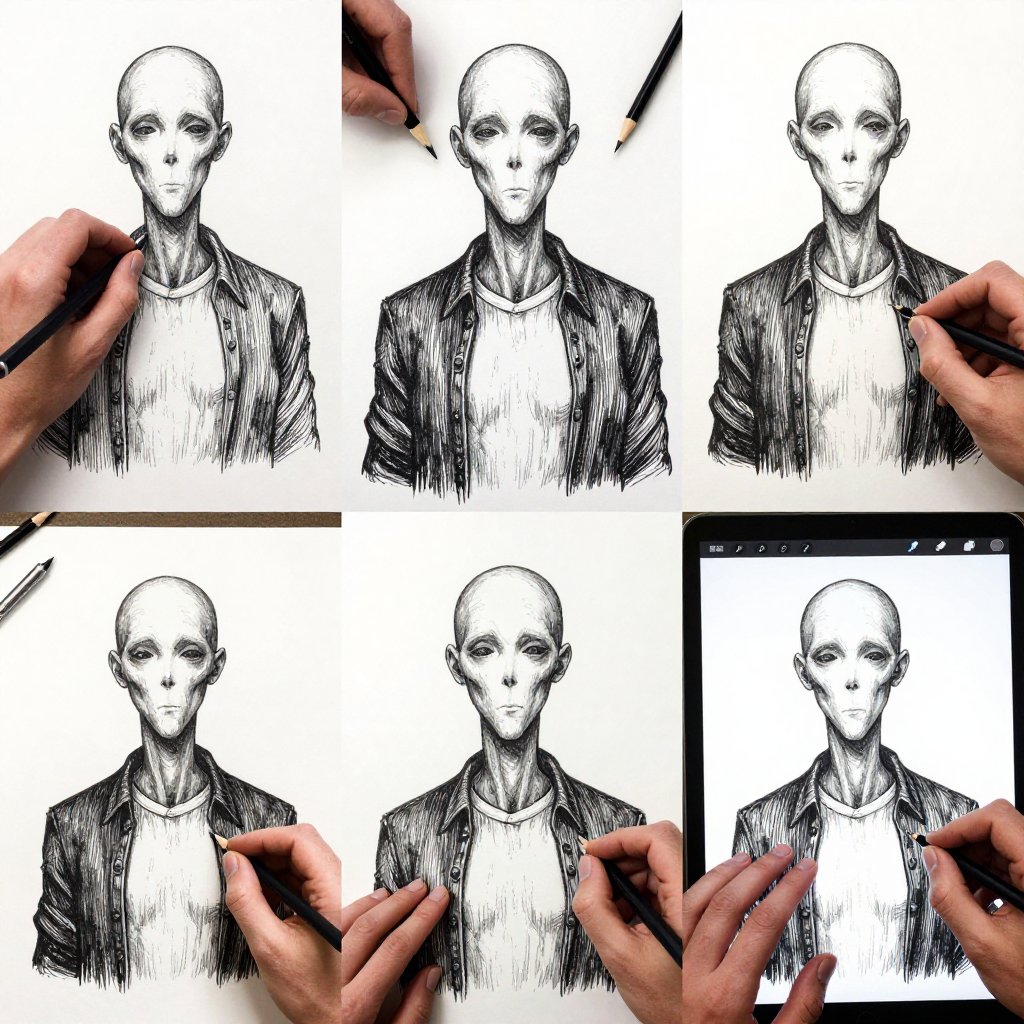 Edward Gorey pen and ink illustration of multiple hands drawing the same faceless figure in different styles on overlapping papers