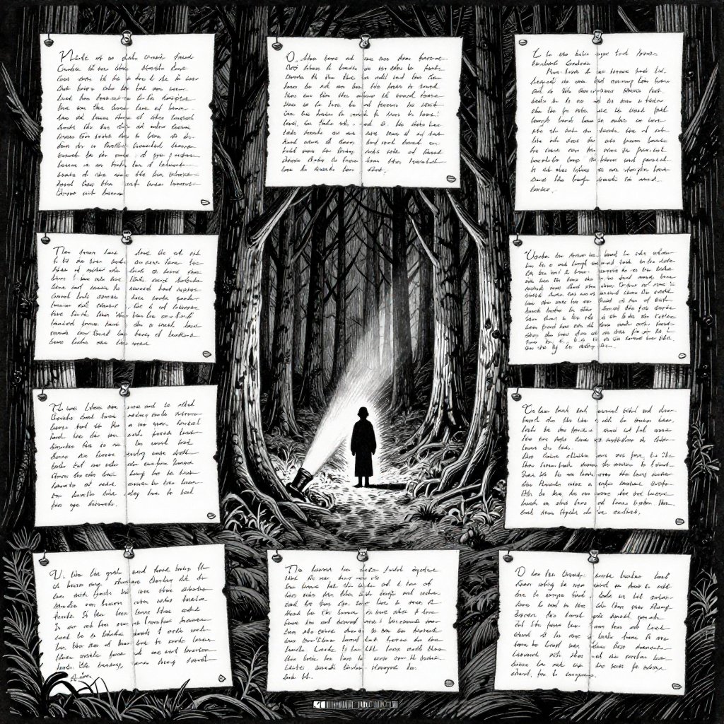 Edward Gorey pen and ink illustration of a dark forest with pages nailed to trees, a flashlight beam, and a tall figure standing between trees
