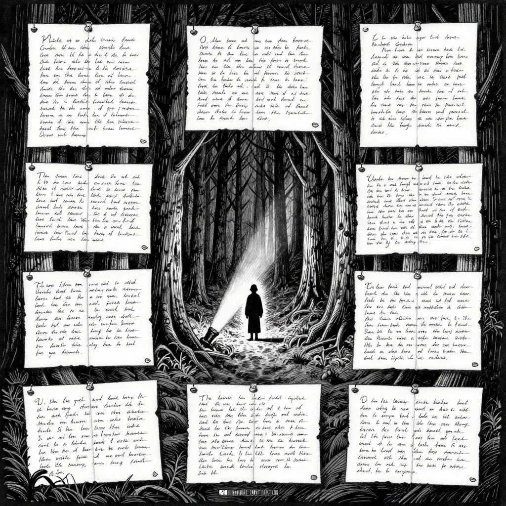 Edward Gorey pen and ink illustration of a dark forest with pages nailed to trees, a flashlight beam, and a tall figure standing between trees