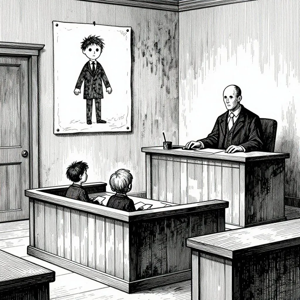 Edward Gorey pen and ink illustration of a somber courtroom with two small figures at the defense table and a child's drawing of a faceless figure on the wall