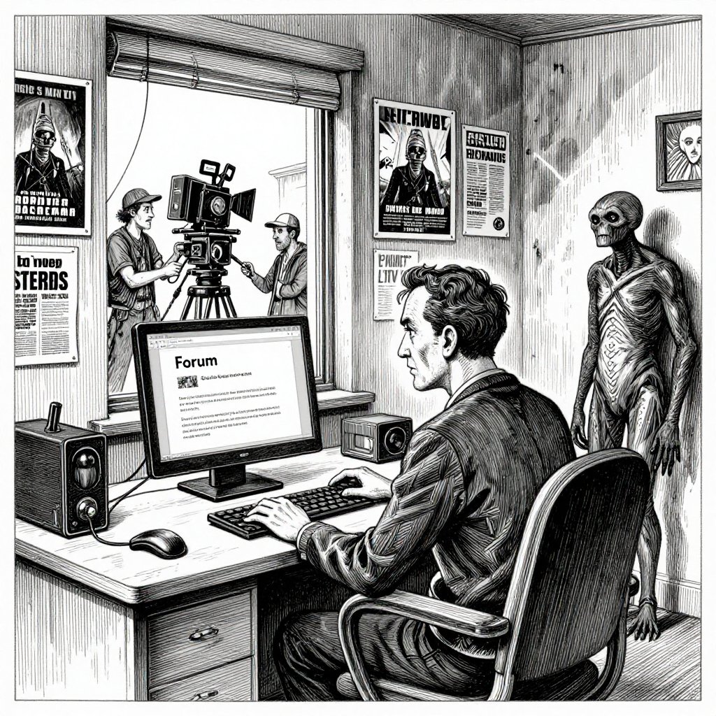 Edward Gorey pen and ink illustration of a man at a desk with a computer showing the original forum post, movie posters papering the walls