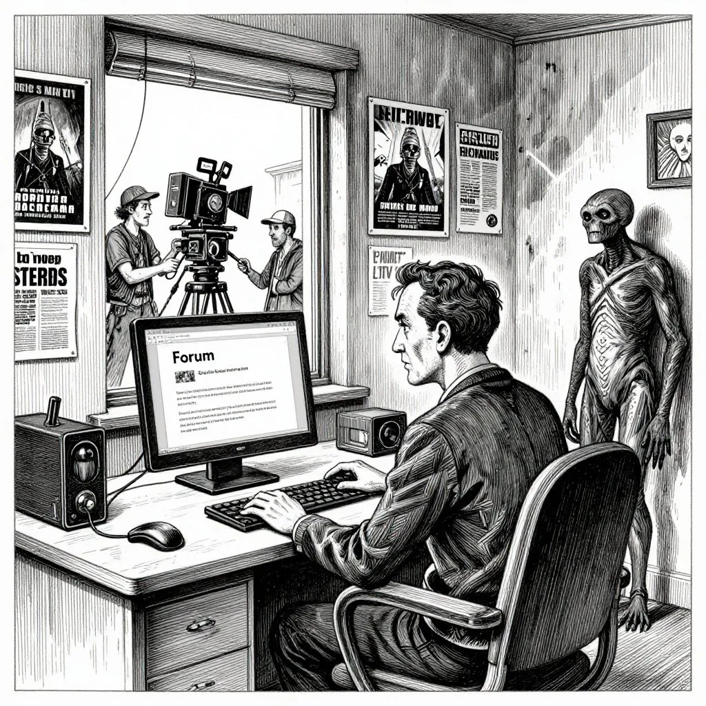 Edward Gorey pen and ink illustration of a man at a desk with a computer showing the original forum post, movie posters papering the walls