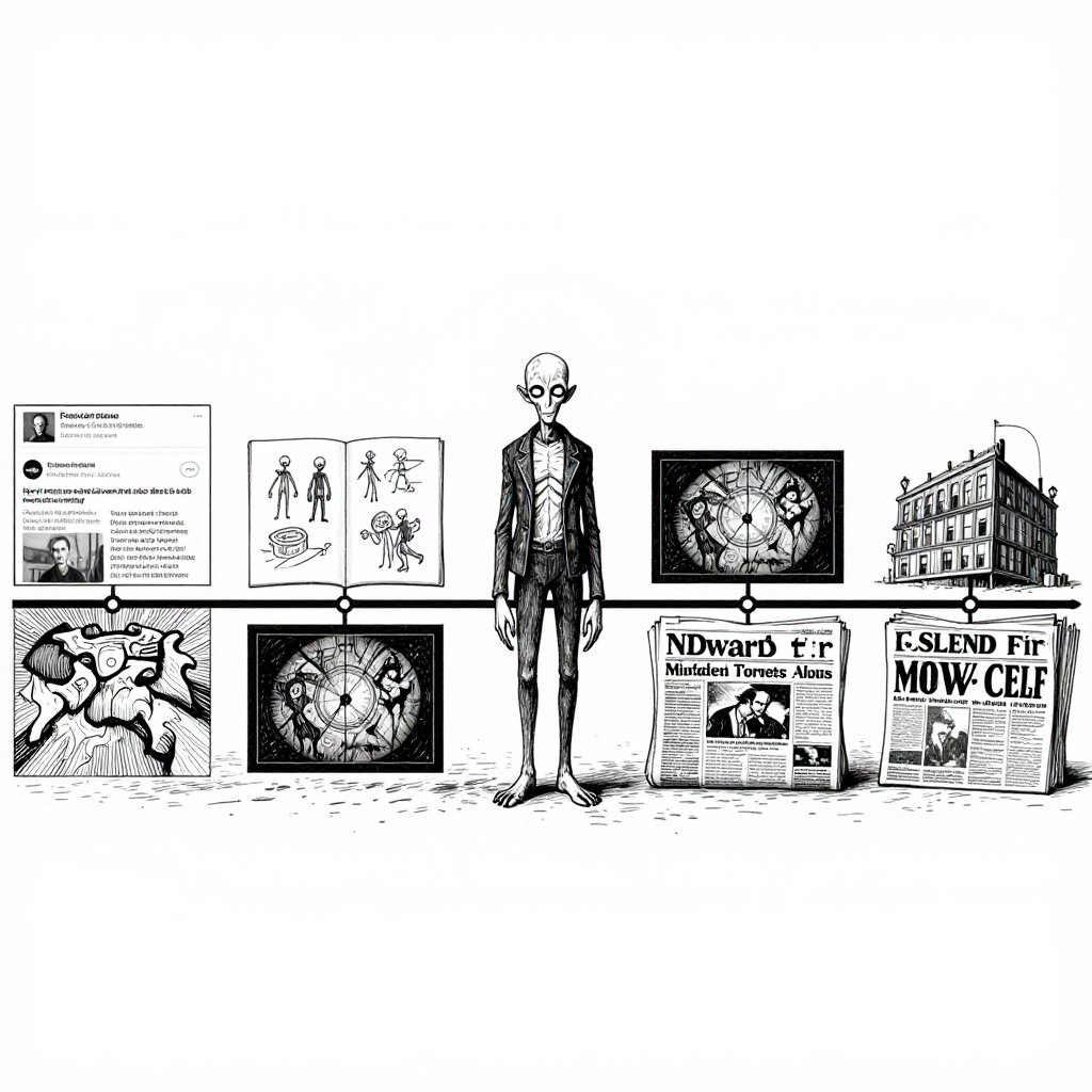 Edward Gorey pen and ink illustration of a timeline from forum post to drawings to games to headlines with the unchanged Slenderman figure at center