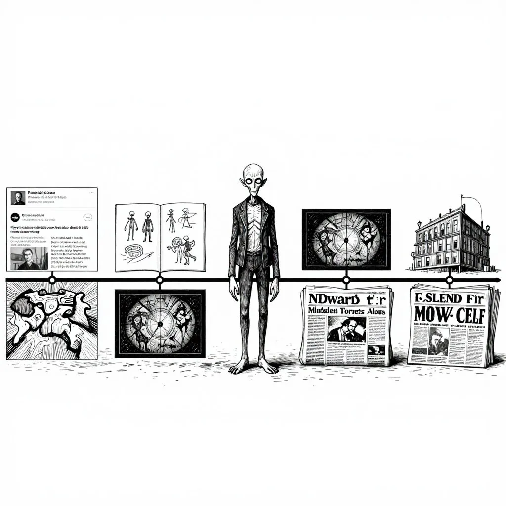 Edward Gorey pen and ink illustration of a timeline from forum post to drawings to games to headlines with the unchanged Slenderman figure at center