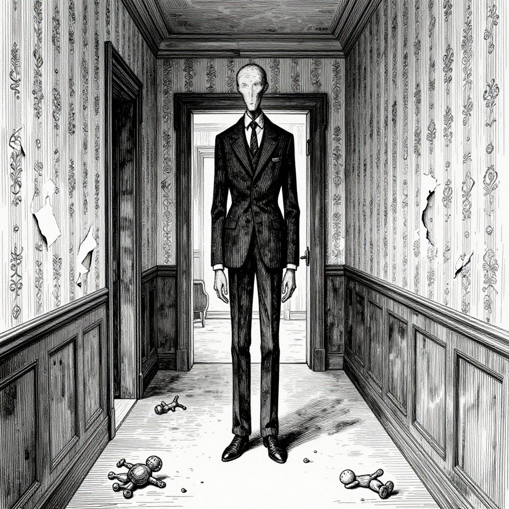 Edward Gorey pen and ink illustration of a tall impossibly thin faceless figure in a dark suit at the end of a long Victorian hallway
