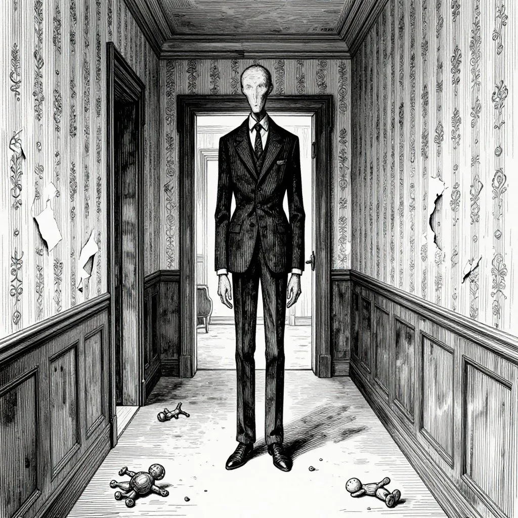 Edward Gorey pen and ink illustration of a tall impossibly thin faceless figure in a dark suit at the end of a long Victorian hallway