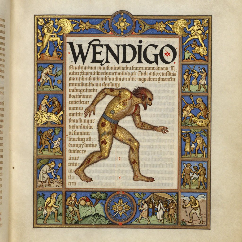 Gothic illuminated manuscript bestiary page showing the word WENDIGO in calligraphy with a figure transforming from human to creature
