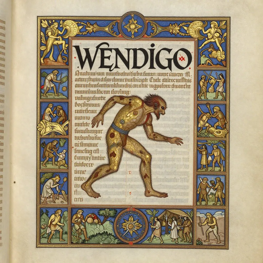 Gothic illuminated manuscript bestiary page showing the word WENDIGO in calligraphy with a figure transforming from human to creature