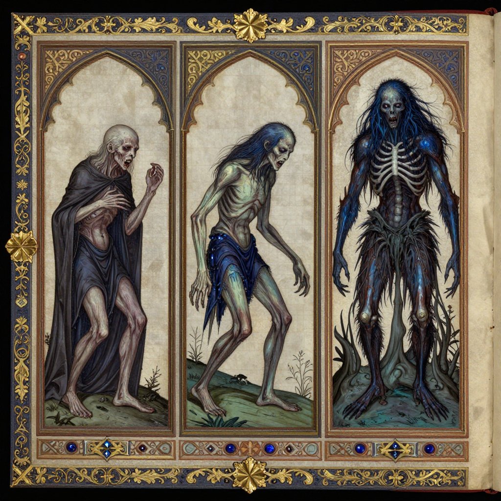 Gothic illuminated manuscript three-panel transformation sequence from gaunt human to stretching figure to towering skeletal Wendigo
