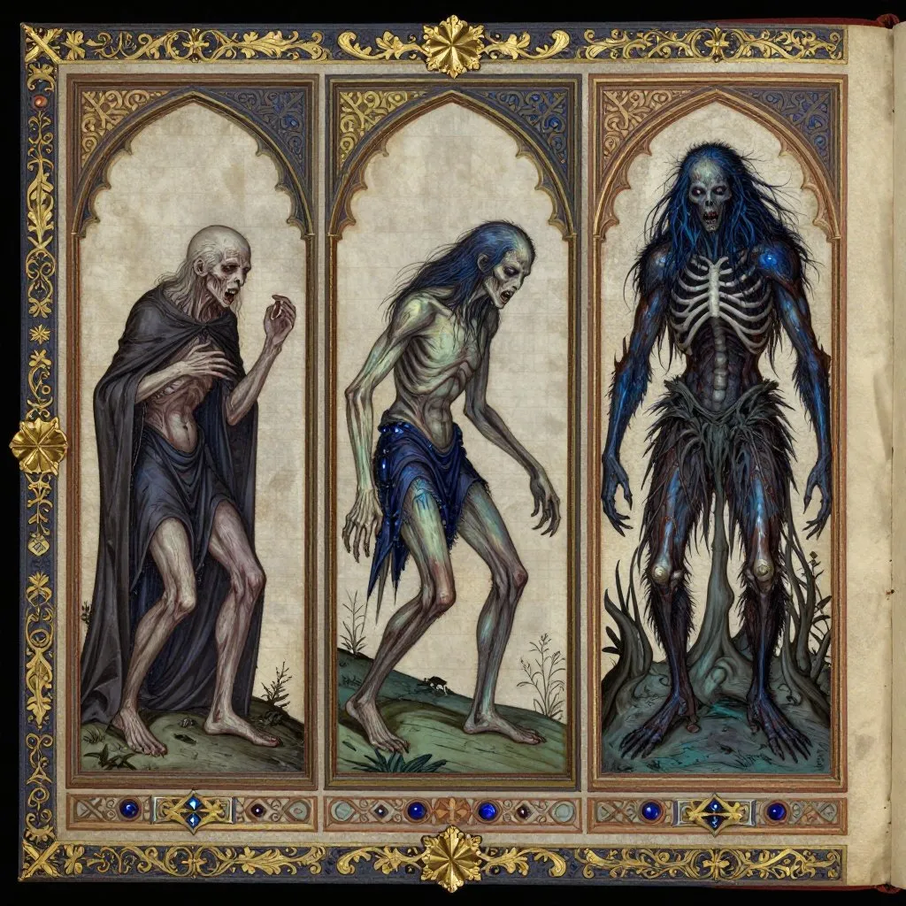 Gothic illuminated manuscript three-panel transformation sequence from gaunt human to stretching figure to towering skeletal Wendigo
