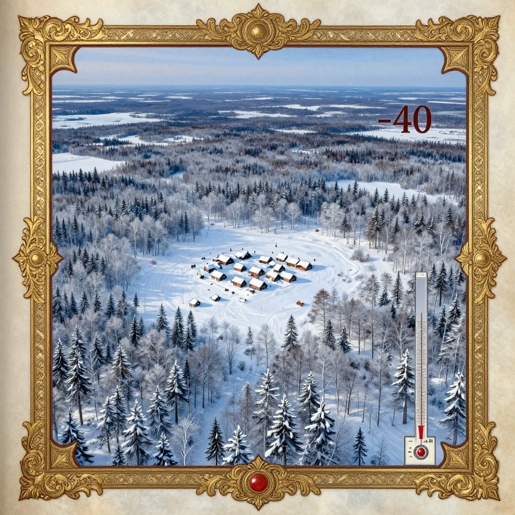 Gothic illuminated manuscript illustration of a vast frozen landscape with a tiny cluster of dwellings buried in snow