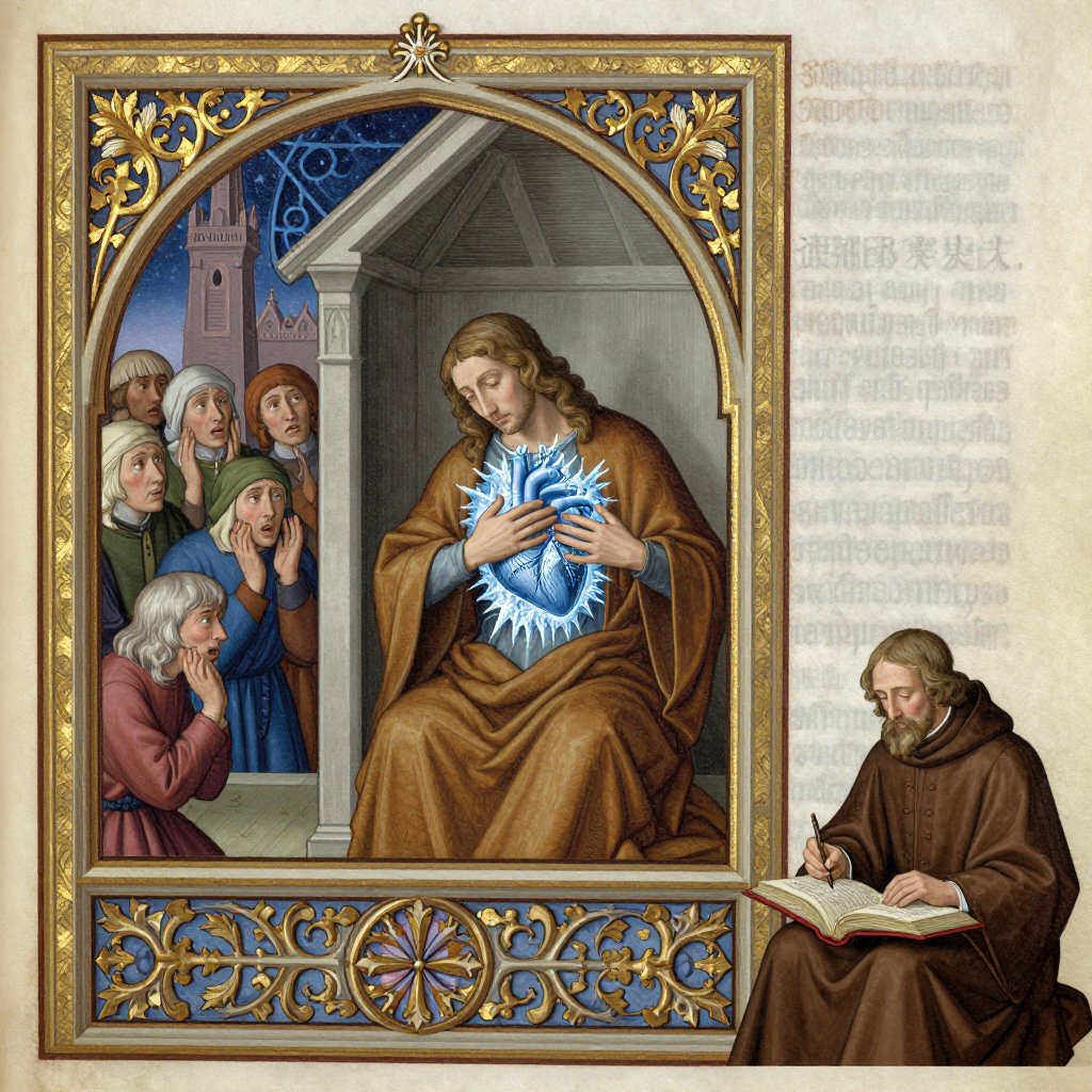 Gothic illuminated manuscript illustration of a figure clutching their chest with ice crystals visible forming around the heart