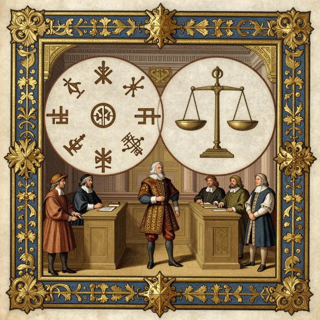 Gothic illuminated manuscript courtroom scene with Jack Fiddler standing before colonial authorities with indigenous and British legal symbols