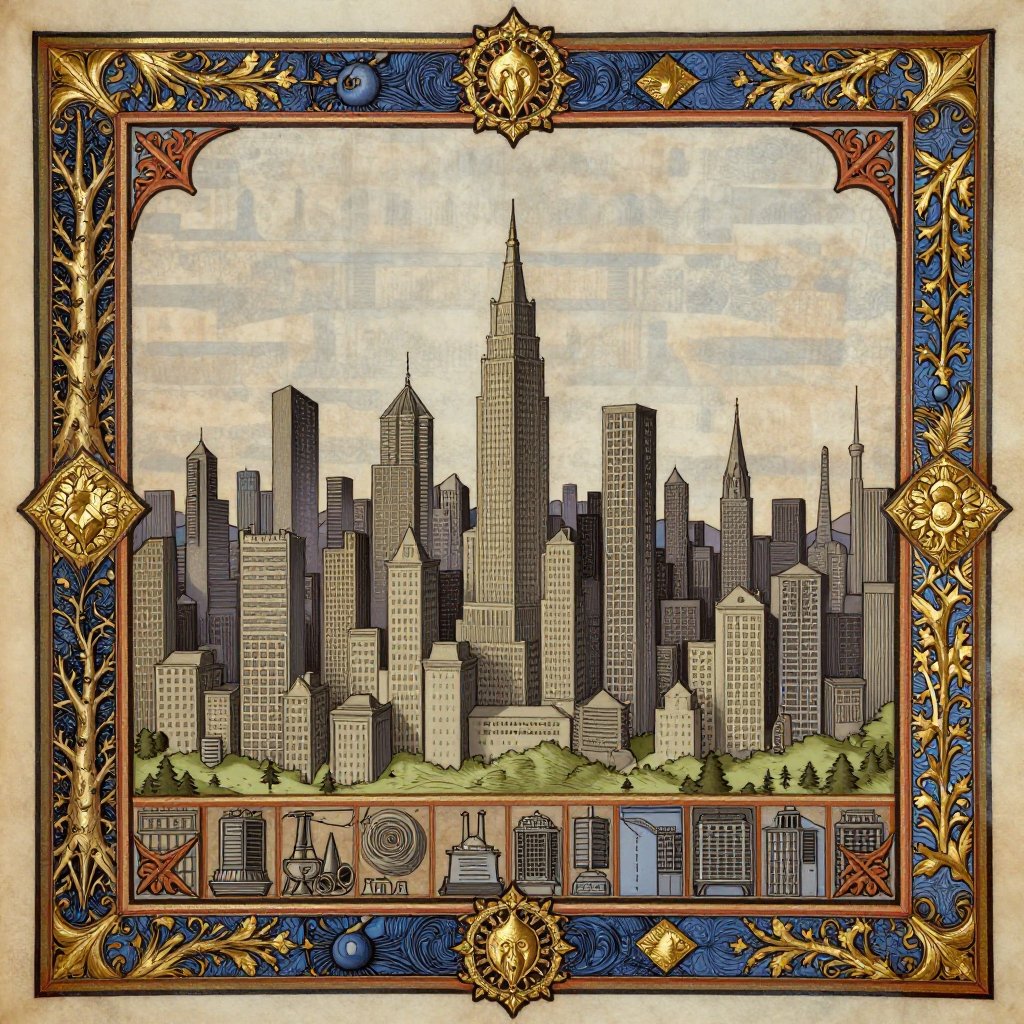 Gothic illuminated manuscript modern scene of a city skyline with buildings resembling the Wendigo's elongated form consuming the landscape