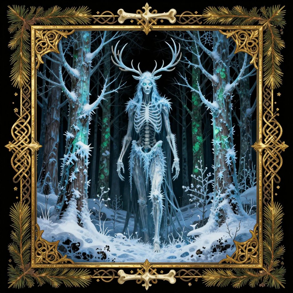 Gothic illuminated manuscript illustration of a towering emaciated antlered figure in a frozen boreal forest with ice crystals on its limbs
