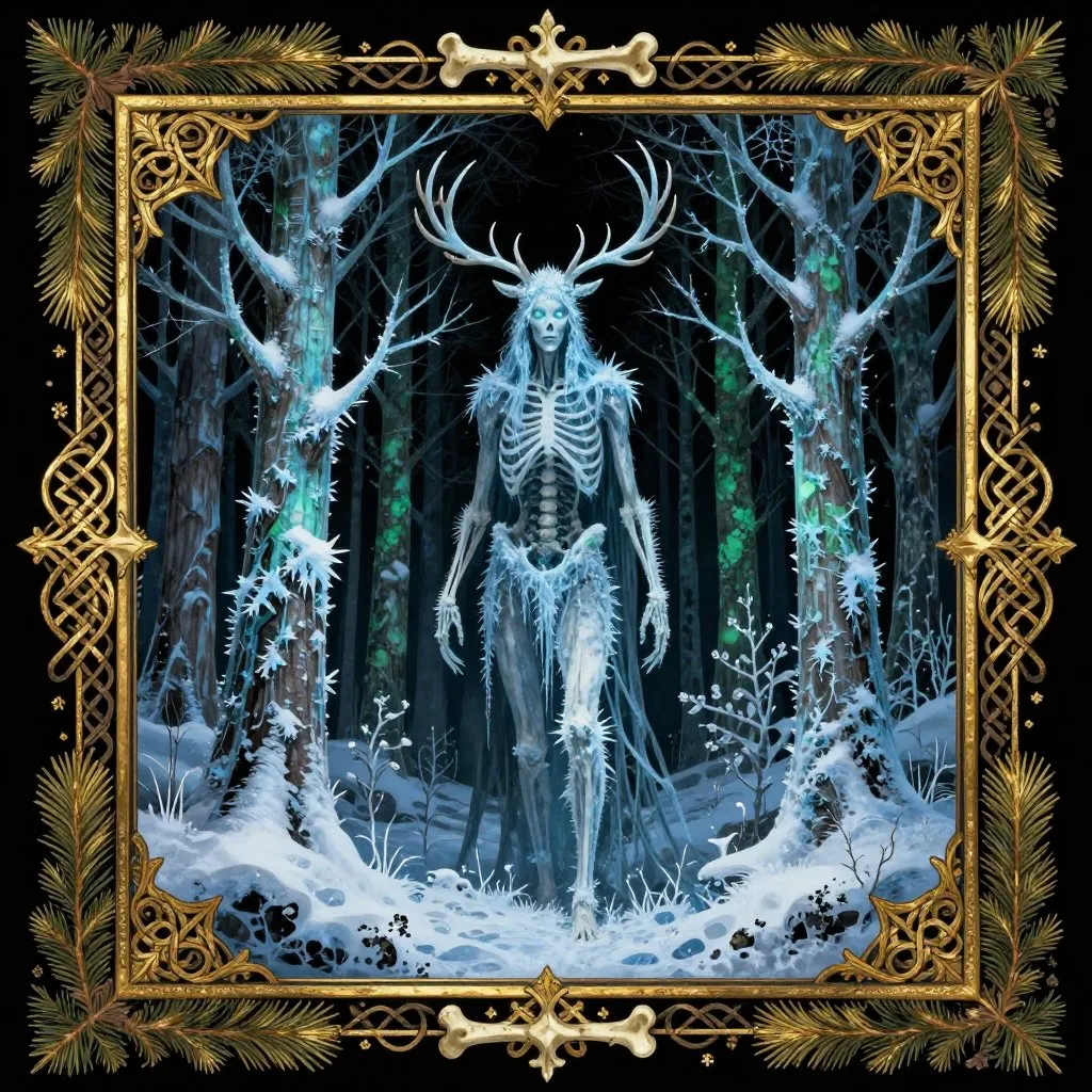 Gothic illuminated manuscript illustration of a towering emaciated antlered figure in a frozen boreal forest with ice crystals on its limbs