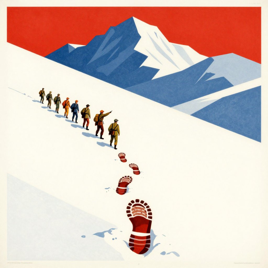 Soviet propaganda poster style illustration of British explorers trudging through deep snow with enormous footprints leading away