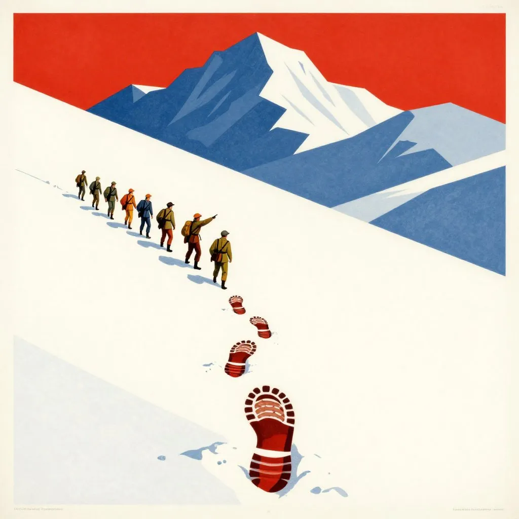 Soviet propaganda poster style illustration of British explorers trudging through deep snow with enormous footprints leading away