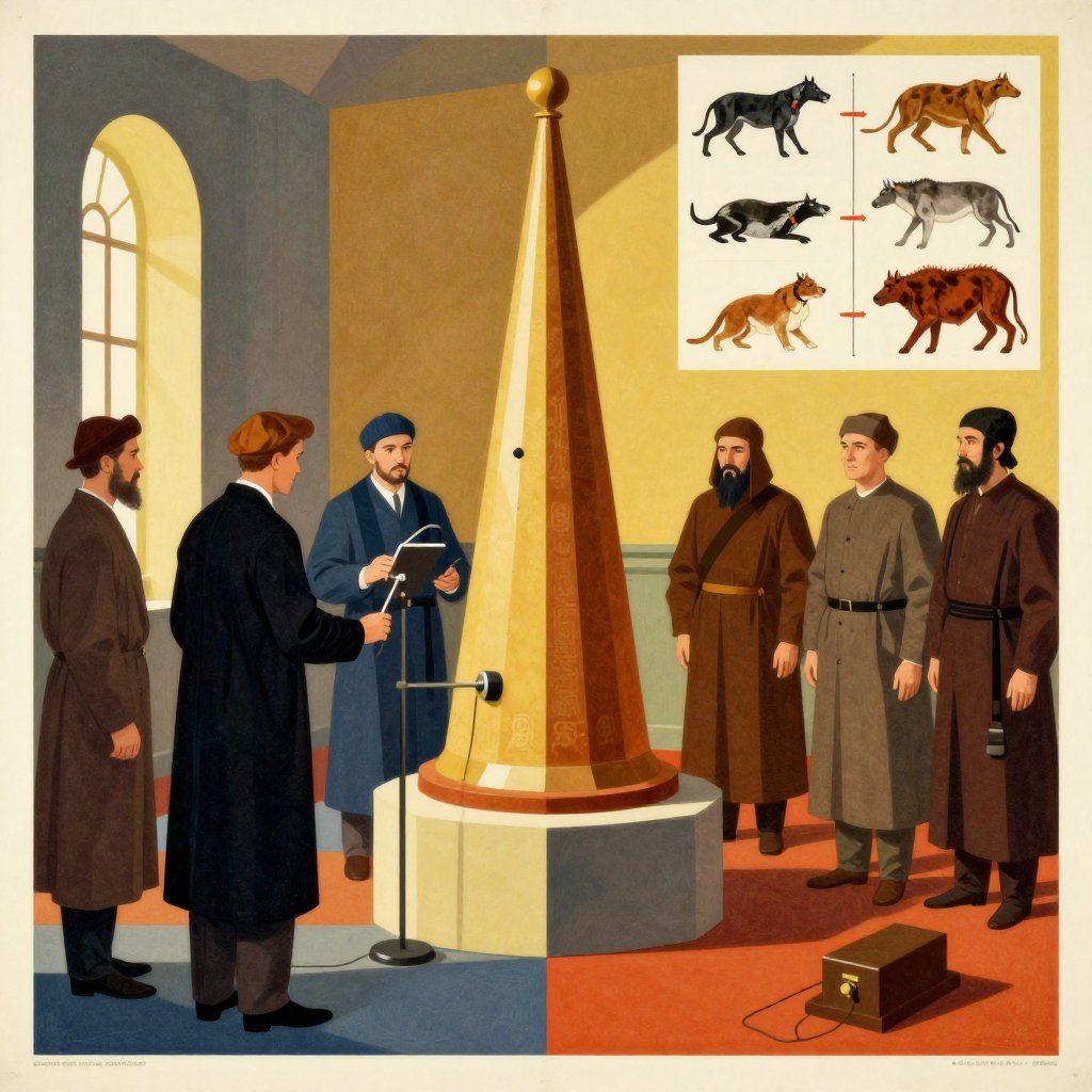 Soviet propaganda poster style illustration of a monastery interior with a cone-shaped relic and scientists examining it