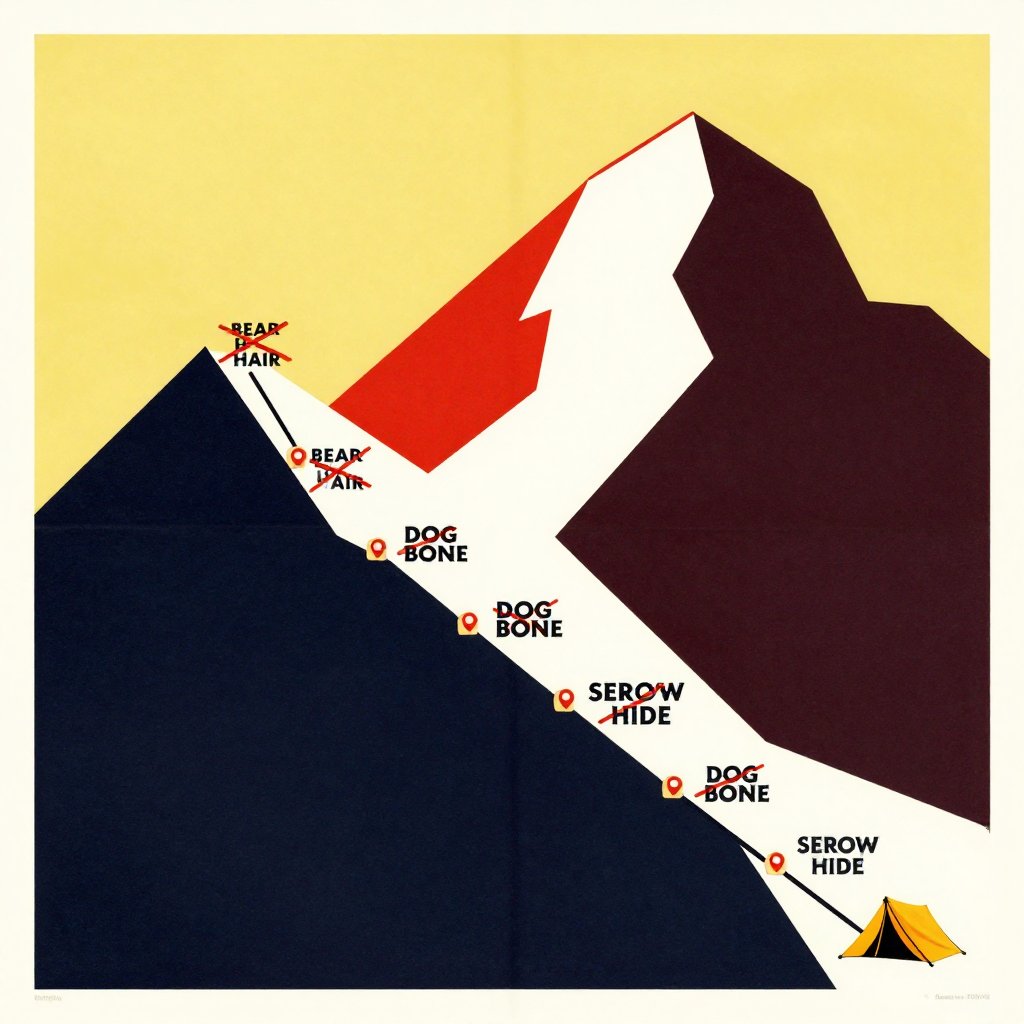 Soviet propaganda poster style illustration of a mountain climbing route timeline with crossed-out evidence at each campsite