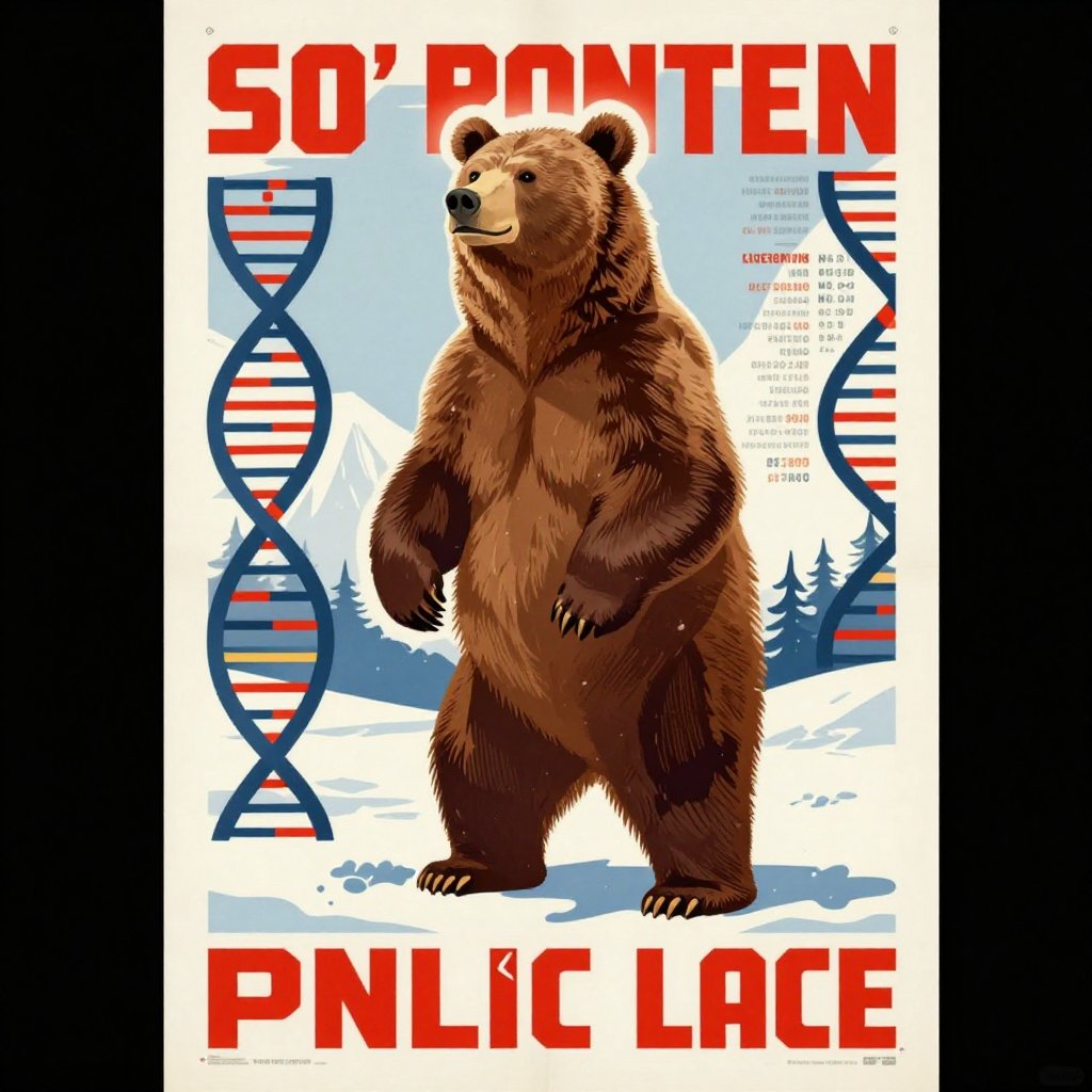 Soviet propaganda poster style illustration of a Himalayan brown bear standing on hind legs with DNA helix graphics and genetic data