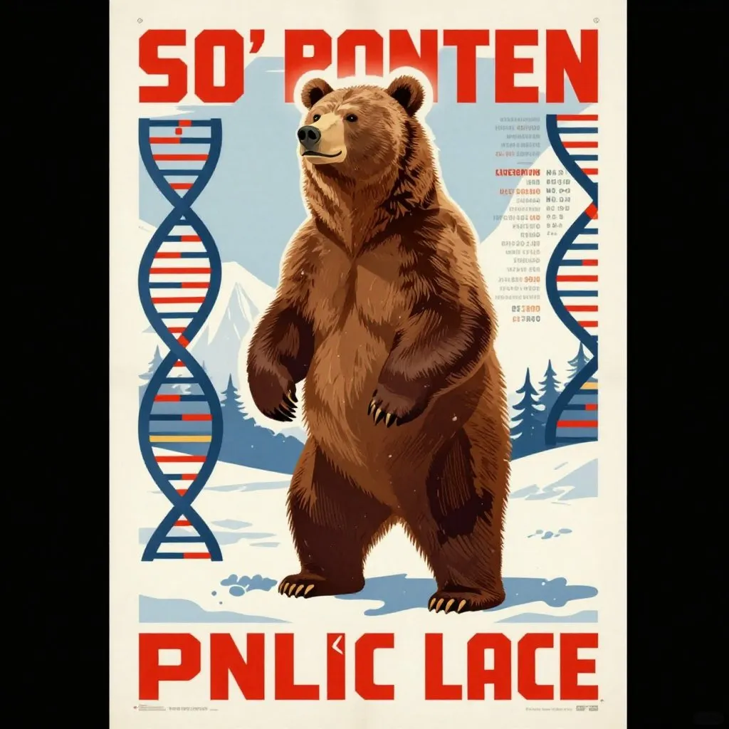 Soviet propaganda poster style illustration of a Himalayan brown bear standing on hind legs with DNA helix graphics and genetic data