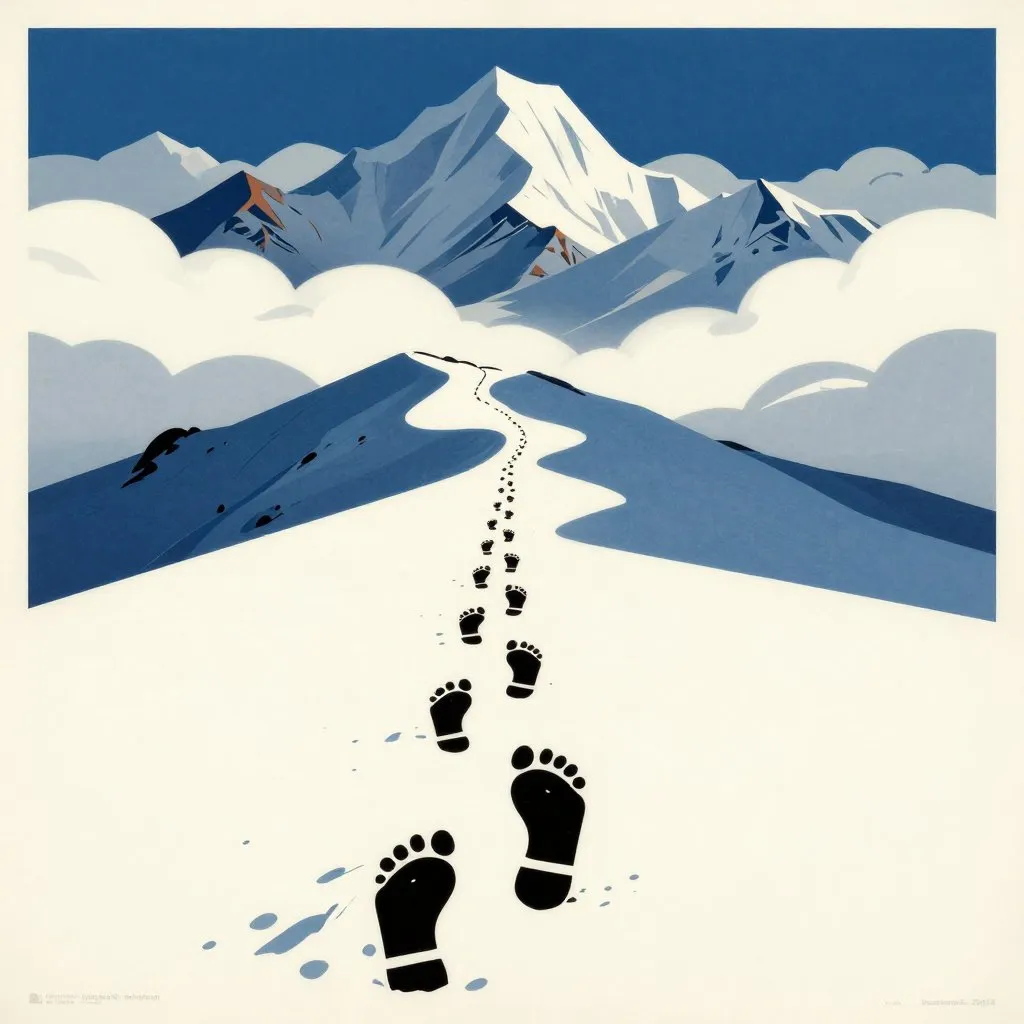 Soviet propaganda poster style illustration of large footprints leading up a snow-covered mountain slope disappearing into clouds