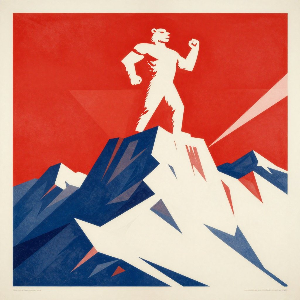 Soviet propaganda poster style illustration of a massive white-furred figure atop a Himalayan peak silhouetted against a red sky