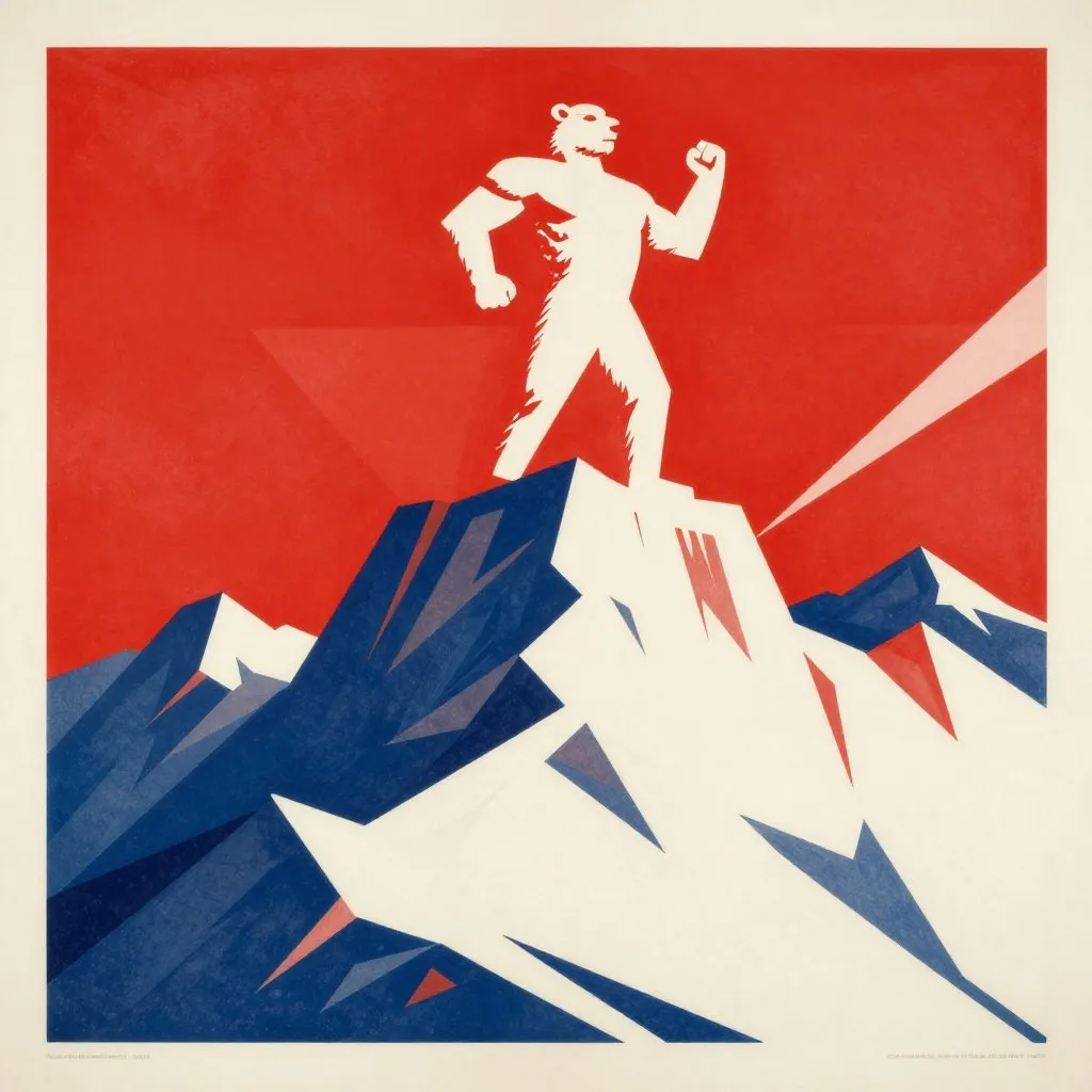 Soviet propaganda poster style illustration of a massive white-furred figure atop a Himalayan peak silhouetted against a red sky